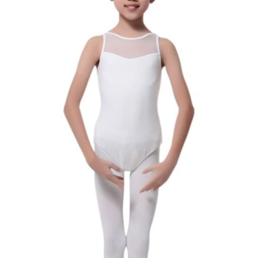 child wearing white tank leotard with sheer contrast