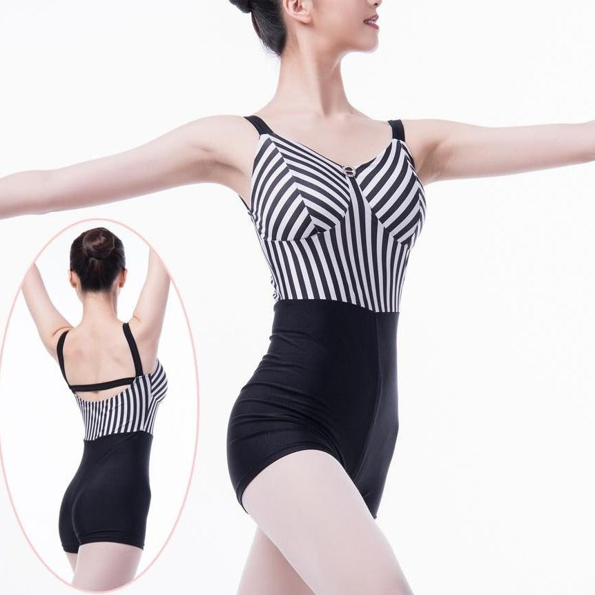 women wearing black and striped unitard or biketard