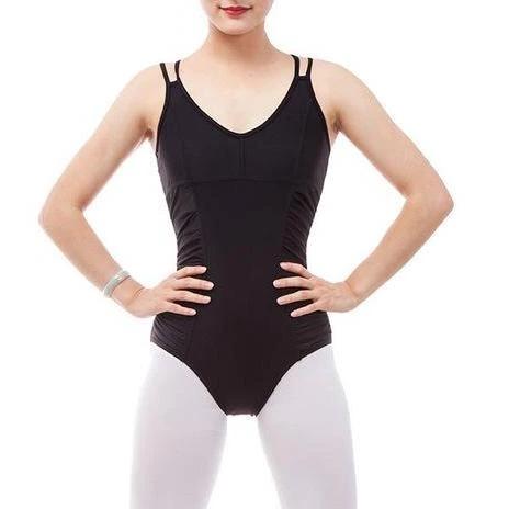 Front of woman wearing black shirred side double strapped camisole leotard ballet jazz