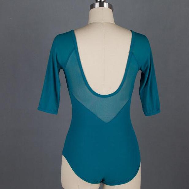 Back of teal mesh ballet leotard with 3/4 sleeves.