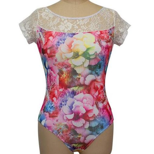 Front of short sleeve floral and lace ballet leotard