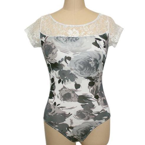 Maillot ballet manga corta floral gris