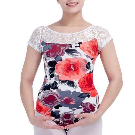 front of floral and lace short sleeved ballet leotard