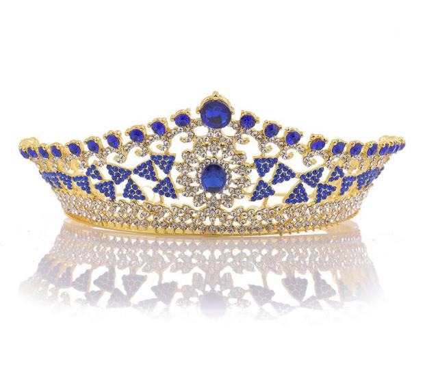 Gold tiara with blue and clear rhinestones. YAGP