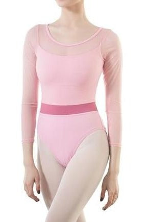 Front of pink mesh 3/4 sleeve leotard with underlying  pink camisole.