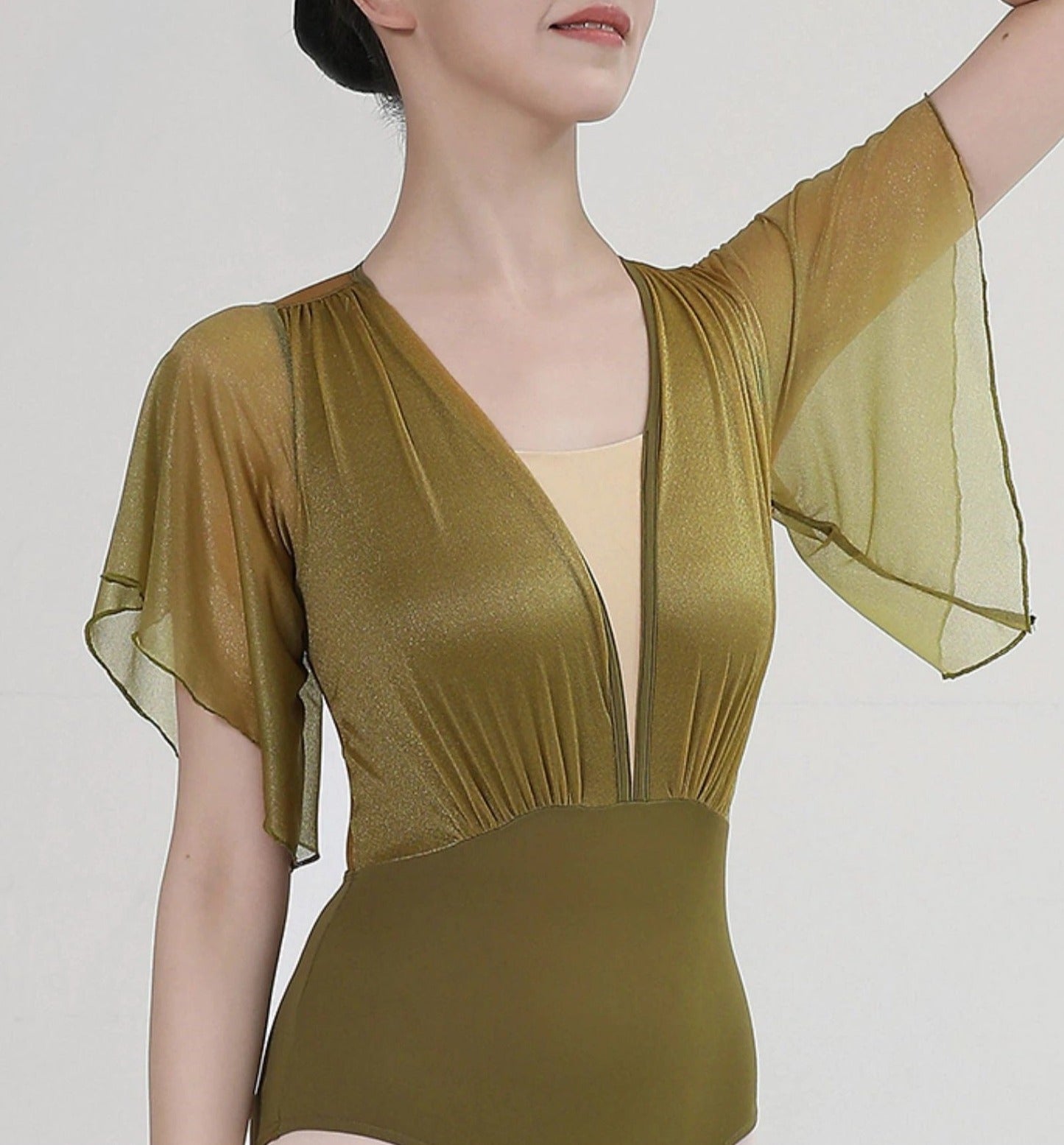 olive green leotard with flared sleeves
