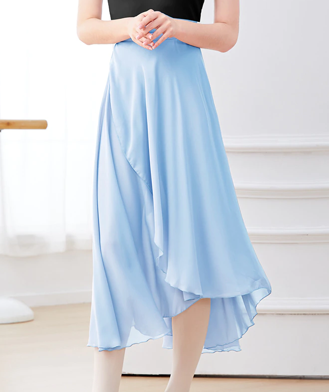 woman wearing long blue chiffon ballet skirt