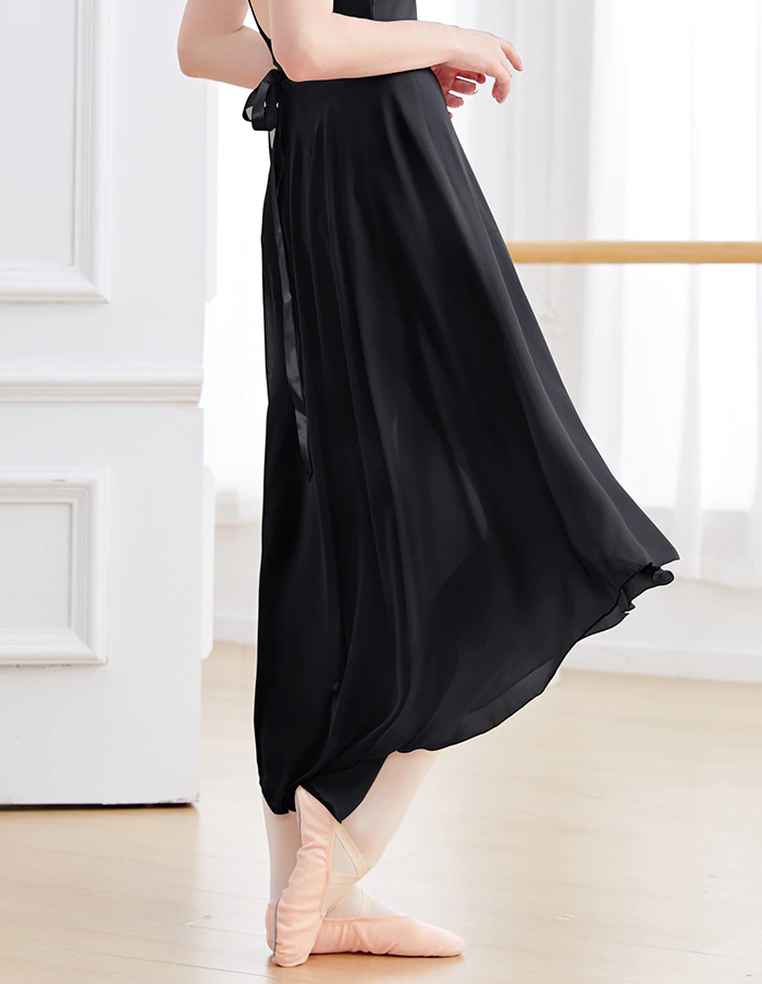 woman wearing long black chiffon ballet skirt