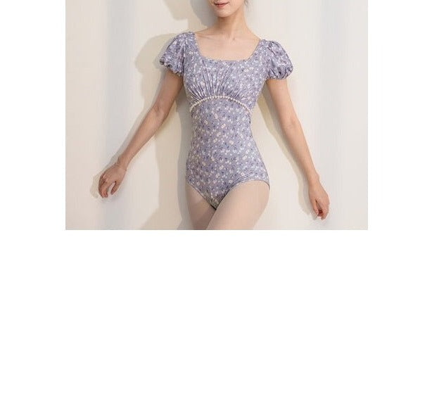 front of blue floral puffed sleeve ballet leotard. YAGP>