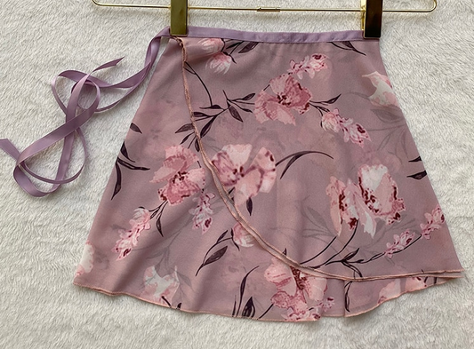 front of plum and pink floral ballet wrap skirt