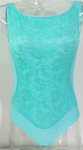 front of light turquoise tank leotard with lace front