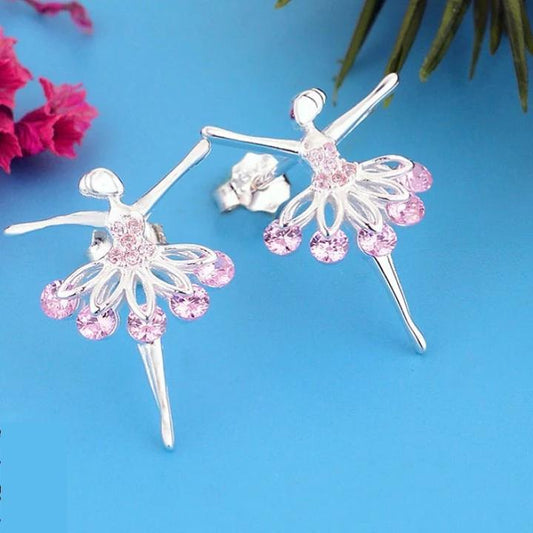 silver and pink cubic zirconia ballerina earrings stud ballet