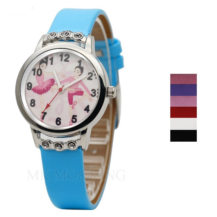 Front of turquoise girls ballerina watch